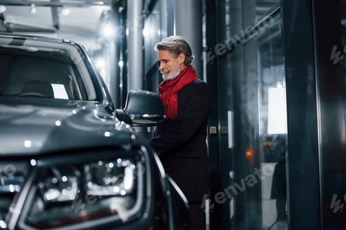 Preview: Stylish senior man with grey hair and mustache sitting into brand new modern car