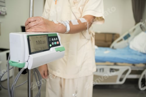 Preview: Middle-aged Asian female patient recovering from illness in hospital room, health care concept.