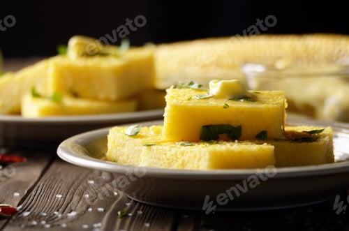 Preview: Polenta with butter and greens on clay dish on wooden rustic tab