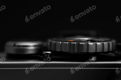 Preview: Front view of shutter speed dial and shutter release button, film camera detail