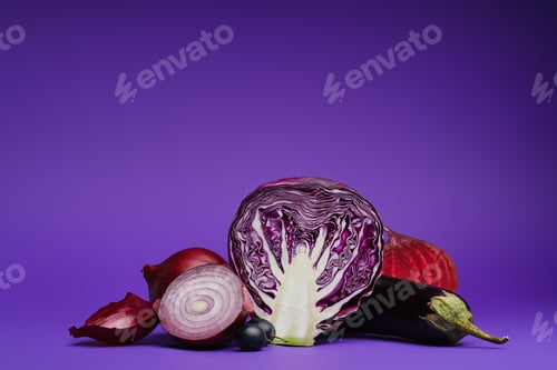 Preview: sliced cabbage, onions, grapes, beetroot and eggplant on purple