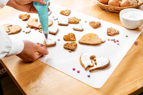 Preview: Woman decorating heart shaped cookies with frosting. Glazed festive homemade biscuits