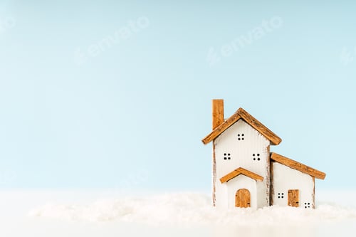 Preview: Decorative wooden house on blue background with snow. Copy text, banner. Winter concept.