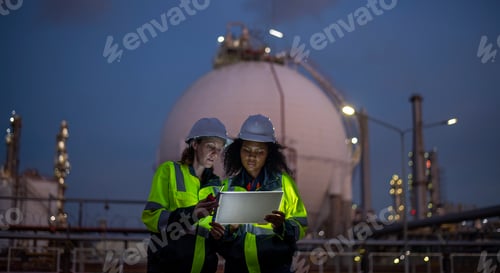 Preview: Engineers wearing safety gear, including hard hats examining survey a large blueprint tablet standin