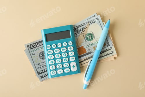 Preview: Money, calculator and pen on beige background, top view
