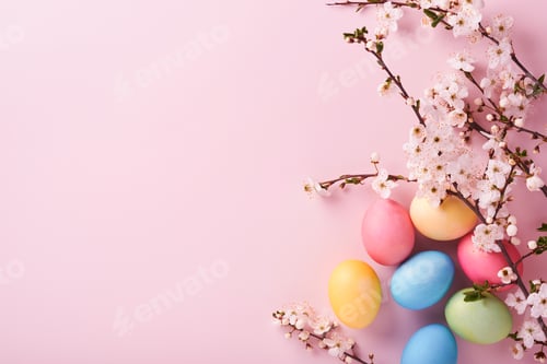Preview: Happy Easter. Dyed Easter eggs on rustic table with cherry blossom tree branch on pink background. E