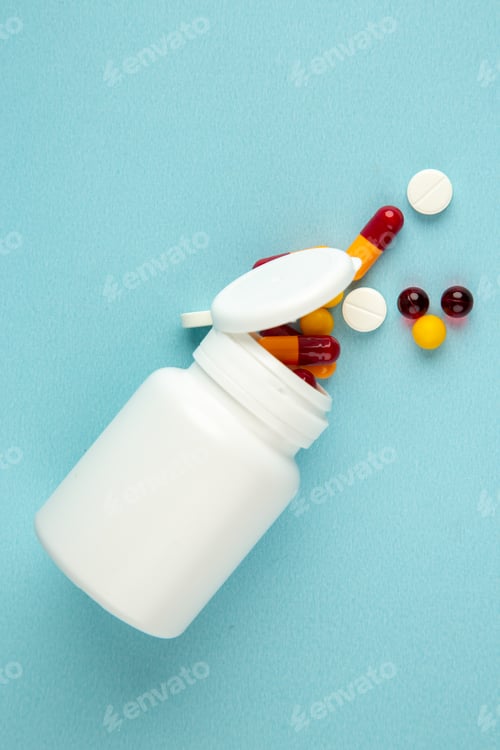 Preview: top view different pills inside plastic can on blue background pandemic covid- drug medicine