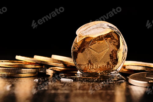Preview: Ethereum Cryptocurrency Melting Inside an Ice Cube on Dark Background