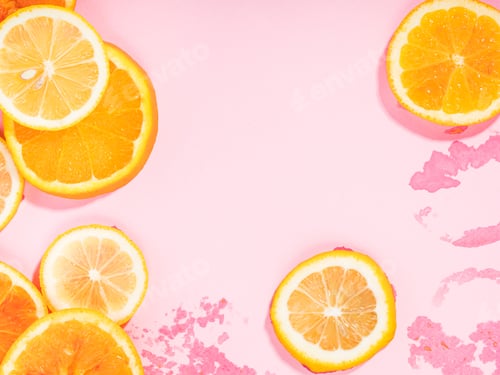 Preview: Summer vibe orange citrus slice fruit texture background on pastel pink with wet spots