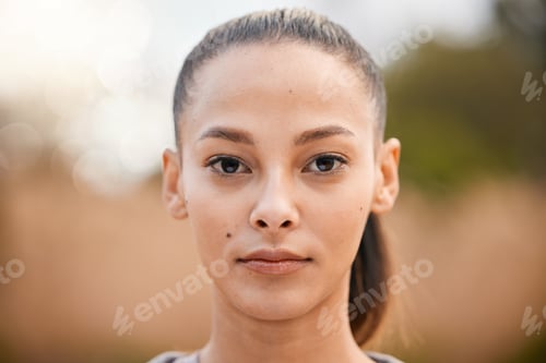 Preview: Sport, nature and portrait of woman in park on weekend, holiday and vacation in park for motivation