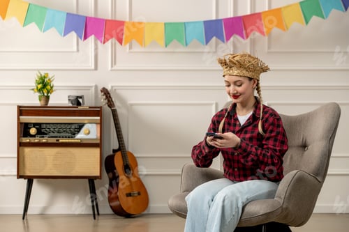 Preview: festa junina cute girl in straw hat brazilian midsummer with retro radio guitar texting on phone