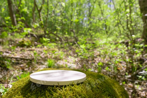 Preview: Podium on mossy ground in lush forest, perfect for displaying products in natural setting