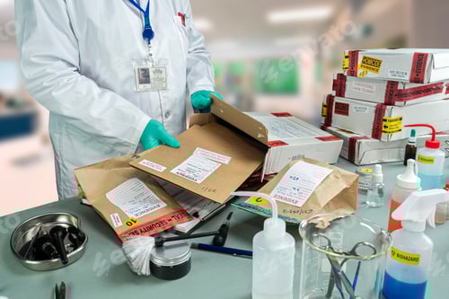 Preview: Forensic police check files against evidence in crime lab, conceptual image