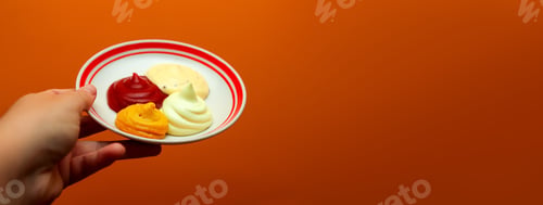 Preview: a hand holding a white plate with sauces, ketchup, mustard, mayonnaise, garlic sauce