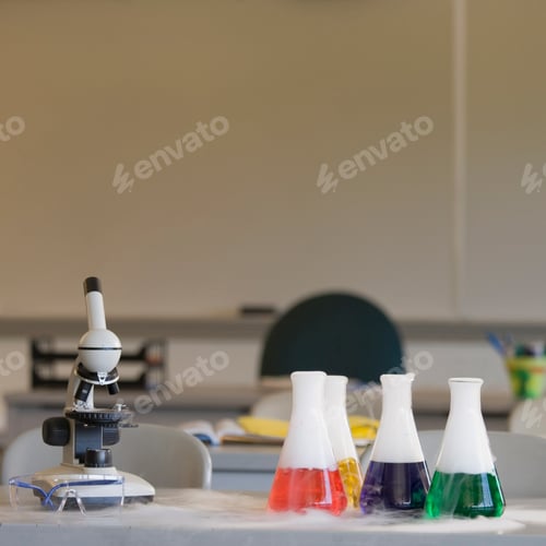Preview: Chemistry equipment on laboratory bench, microscope and beakers.