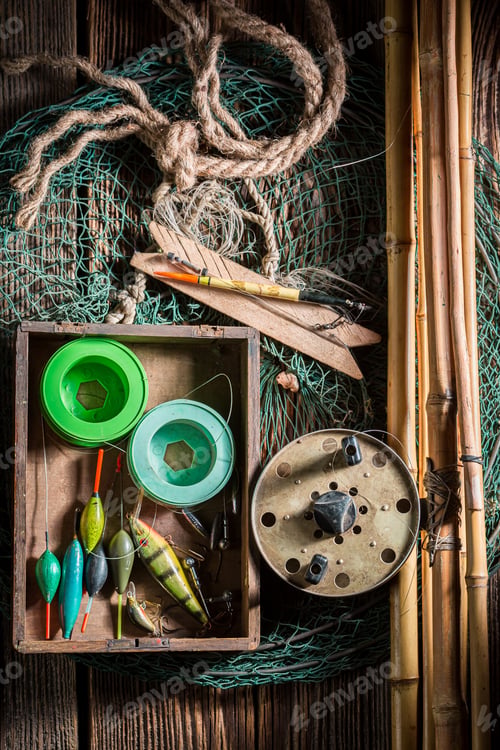 Preview: Vintage fishing equipment with floats and hooks. Fishing preparation