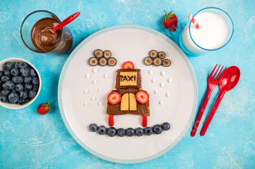Preview: Creative idea for kids breakfast with sandwich car taxi, milk and berries