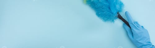 Preview: panoramic shot of cleaner in rubber glove holding duster on blue background