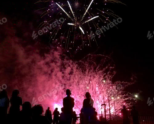 Preview: People Watching Explosive Fireworks Display at Night