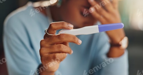 Preview: Hands, stress and woman with pregnancy test in home for infertility, bad news or ovulation planning