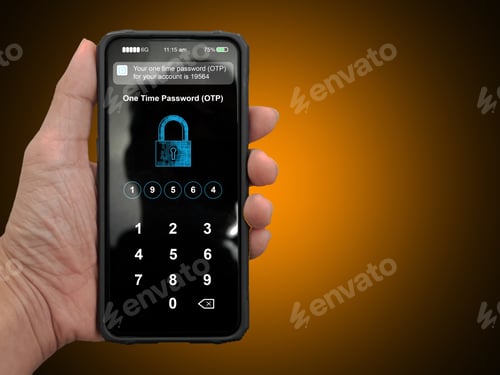 Preview: A hand holding a smartphone with filled up one time password for the validation process, Mobile OTP