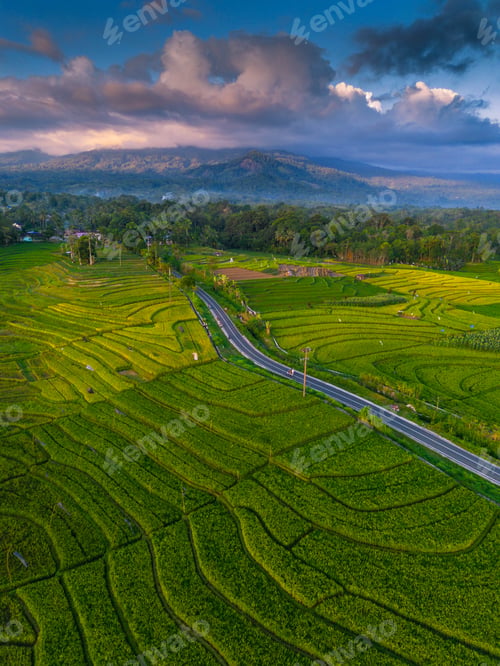 Preview: Wonderful sunrise scenery indonesia nature mountain valley forest with bright sky