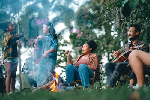 Preview: group of people family enjoy camping outdoor activity with nature, camp site living in happy time