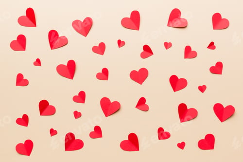 Preview: Valentine day background with red hearts, top view with copy space