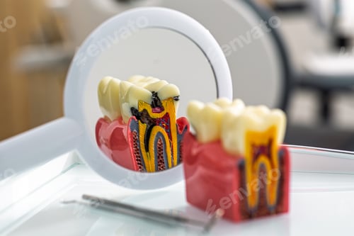 Preview: Detailed tooth model sits next to dental instruments, reflecting the importance of oral care