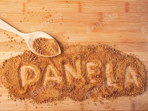 Preview: Word PANELA is written with crumbs on a wooden surface