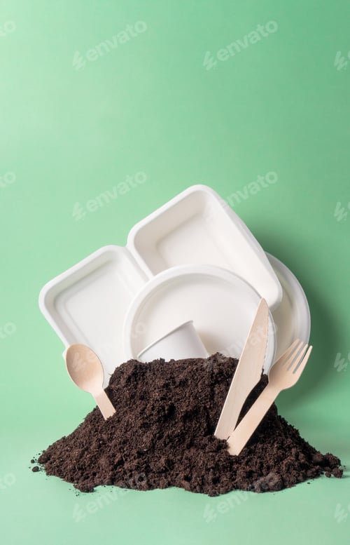 Preview: Various single-use tableware popular non-plastic alternatives in ground heap on green background