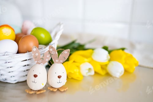 Preview: Happy Easter. Congratulatory easter background. Easter eggs and flowers.