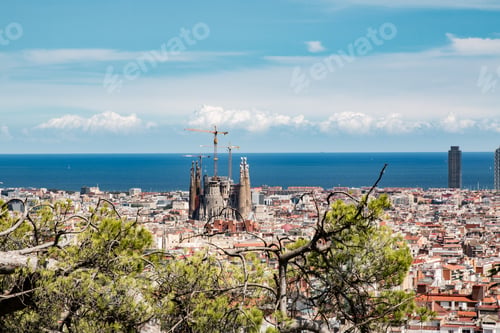 Preview: A landscape view of the city looking out from the top of Park Guell in Spain