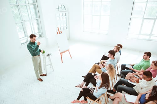 Preview: Speaker at Business Meeting in the conference hall.