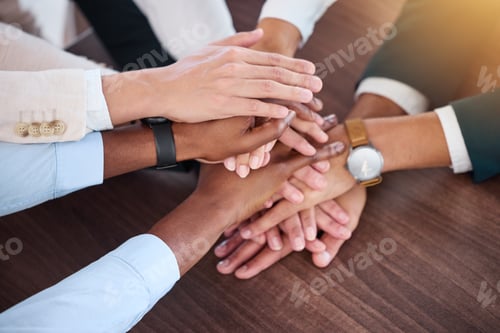 Preview: Support, community and team building by group hands united, motivation, sharing goal and planning.