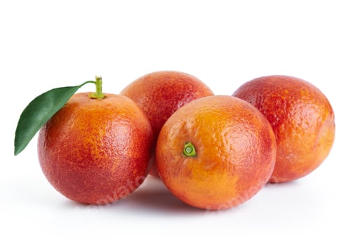 Preview: Four Fresh Blood Oranges with Leaf on White