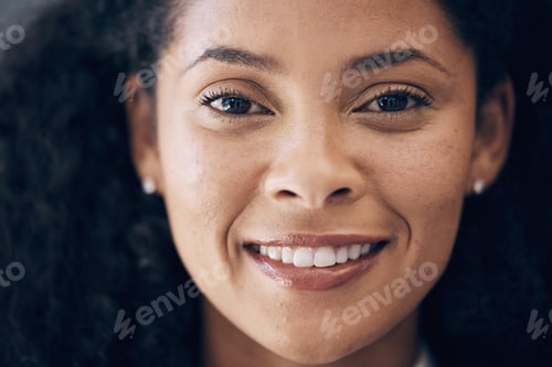 Preview: Corporate black woman, smile and headshot portrait for vision, motivation and success at public rel