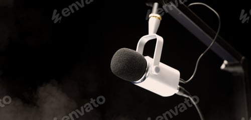 Preview: Microphone in studio. Professional studio microphone with a pop filter is suspended boom arm and studio lights. Set up mic for podcast voice over or recording high quality sound audio in a controlled.