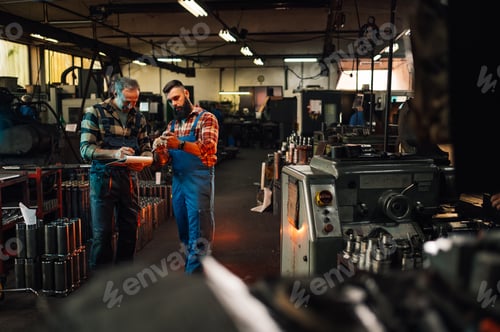 Preview: A picture of an artisan measuring an object and a supervisor taking notes.