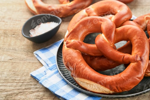 Preview: Oktoberfest concept card. Traditional Bavarian pretzels with beer bottle mug on old rustic wooden ba