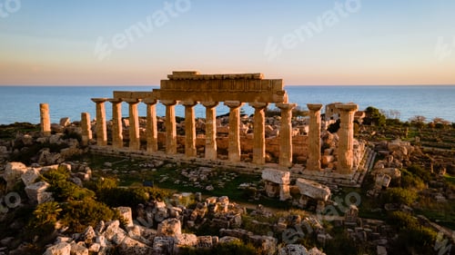Preview: View on sea and ruins of greek columns in Selinunte Archaeological Park Sicily