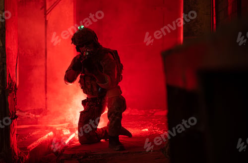 Preview: Soldier in anti-terrorist warfare in a dark building, Anti-terrorist operation training