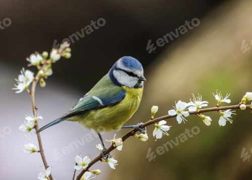 Preview: Small Blue tit (Cyanistes caeruleus) perched on a close branch