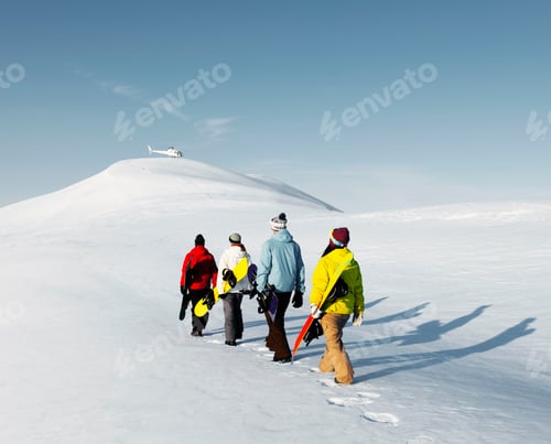 Preview: Group of snowboarders enjoying a beautiful Winter morning Concep