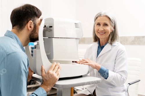 Preview: Senior female ophthalmologist performing eye examination on male patient using phoropter