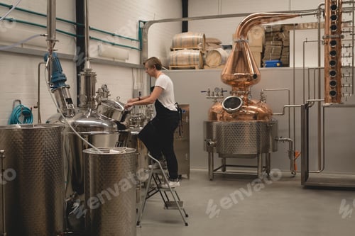 Preview: Mature female distillery worker standing on stool adjusting tank valves, copper still at distillery