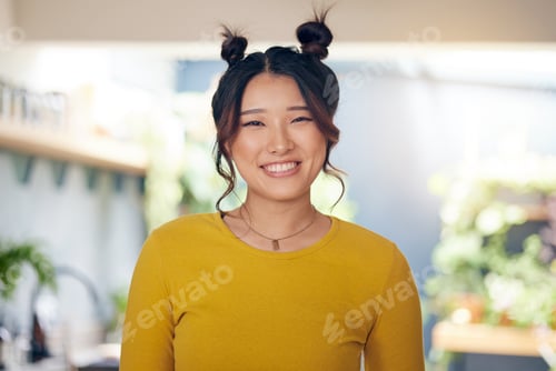 Preview: Asian, woman and happy portrait in home with happiness of cool gen z person in kitchen, living room