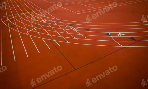 Preview: A red running track, athletics ground, a corner section of track marked with lanes