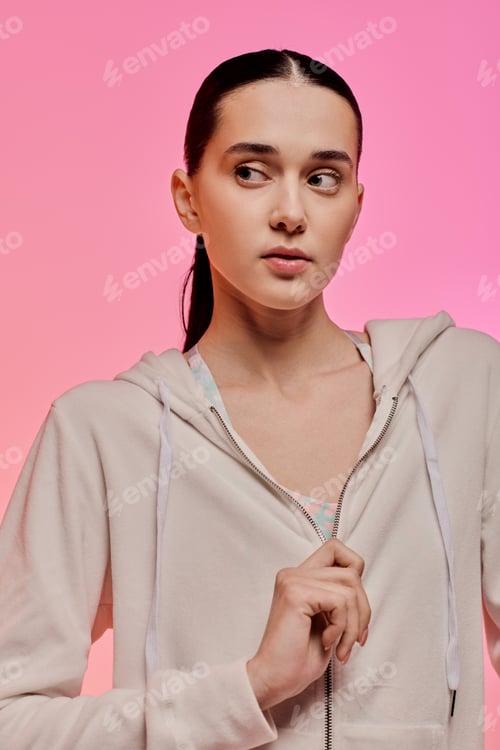 Preview: Stylish young woman with a modern look poses against a vibrant pink background