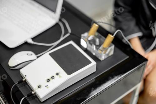 Preview: Bioenergetic testing device with brass handpieces in medical clinic